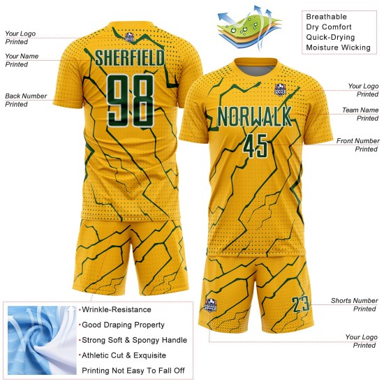 Custom Sublimation Green-White Sports Soccer Gold Lightning Uniform Jersey