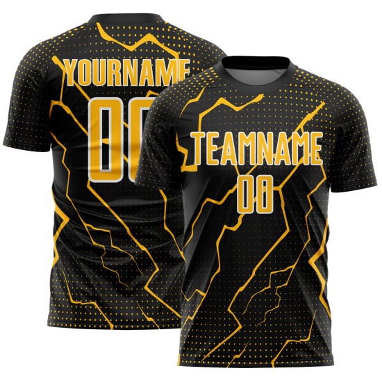Gold-White Lightning Soccer Custom Uniform Black Sublimation Jersey Sports Gold-White Lightning Soccer Custom Uniform Black Sublimation Jersey Sports