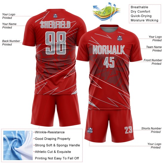 Jersey Uniform Sublimation Soccer Lines Red Custom Sports Gray-White Jersey Uniform Sublimation Soccer Lines Red Custom Sports Gray-White