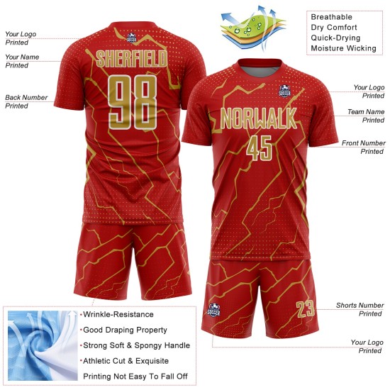 Lightning Custom Jersey Soccer Uniform Gold-White Old Red Sports Sublimation Lightning Custom Jersey Soccer Uniform Gold-White Old Red Sports Sublimation