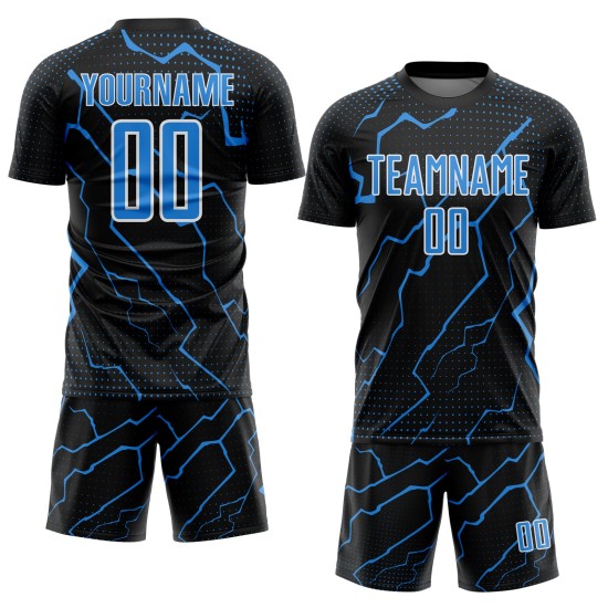 Sublimation Powder Custom Soccer Uniform Sports Lightning Blue-White Jersey Black Sublimation Powder Custom Soccer Uniform Sports Lightning Blue-White Jersey Black