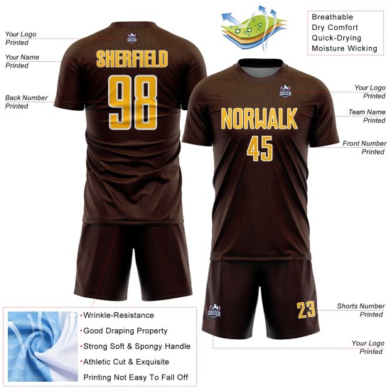 Sublimation Jersey Brown Shape Sports Geometric Uniform Gold-White Soccer Custom Sublimation Jersey Brown Shape Sports Geometric Uniform Gold-White Soccer Custom
